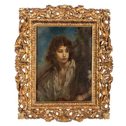 罗马科，安东（1832-1889），《带着渔网的渔家女童》，一幅年轻女孩的半身像，画面局部可见她佩戴
