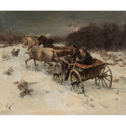 科纳尔斯基，扬（1856-1918），《马车》，雪地中的冬季行车，左下角署名“J. Konarski