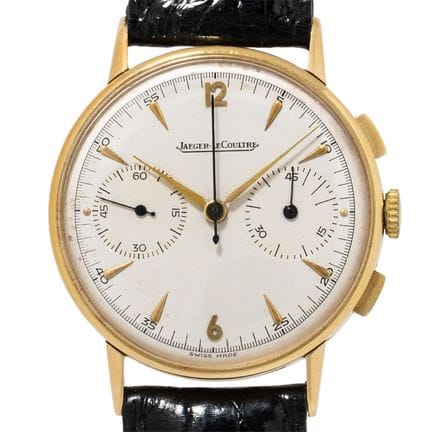 积家（JAEGER-LECOULTRE）复古男士计时码表，18K黄金材质。表壳采用18K黄金打造。搭