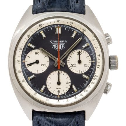 HEUER 卡雷拉复古男款计时码表，型号 73563，机芯 7736。不锈钢表壳。手动上链机芯 77
