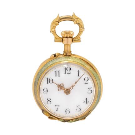 LECOULTRE 女士怀表，饰有新艺术风格镶嵌图案及钻石，18K黄金材质。表壳（含表盘底座）均为1