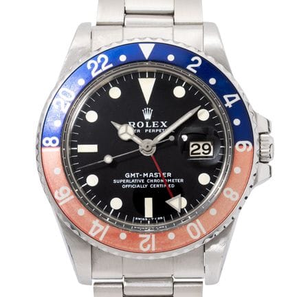 1970年代劳力士GMT-Master Ref 1675 Mark 2 “百事可乐”男表。不锈钢材质