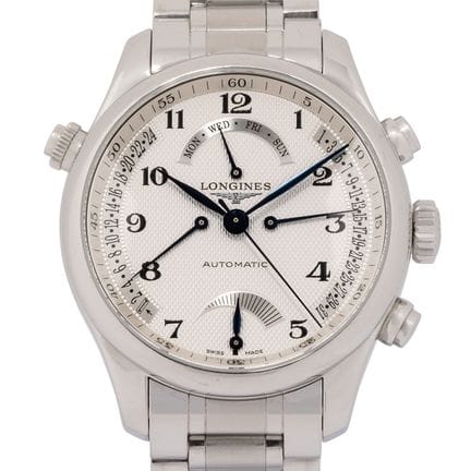 浪琴（LONGINES）大师系列逆跳腕表，型号 L2.714.4.70.6，附证书，2009年。  