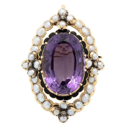 Brosche/Anhänger mit Amethyst, Halbperlen  und Dia