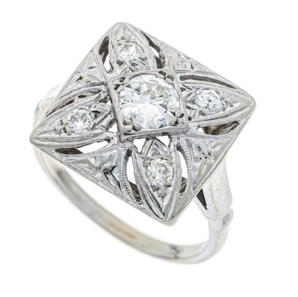 Art Deco Old-Cut Diamond Ring WG 585/000 with 4 ol