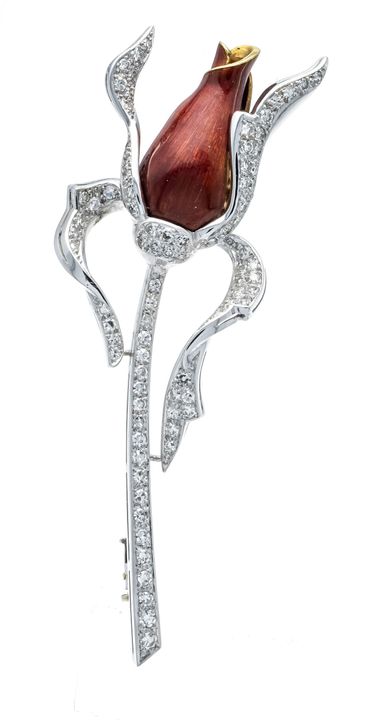 Florale Emaille-Diamant-Brosche WG/GG 750/000 in G
