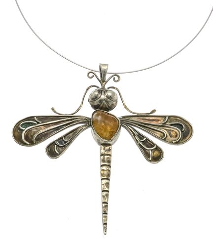 Amber Dragonfly Pendant with Metal Necklace, featu