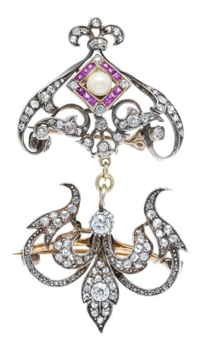 2-teilige Rubin-Diamant-Brosche um 1880 GG 750/000