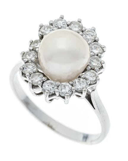 Anillo con perla cultivada y diamantes en talla br