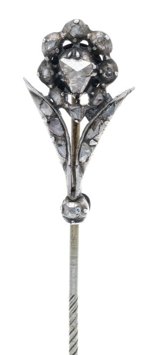 Florale Anstecknadel Silber, mit Diamantrosen, L. 