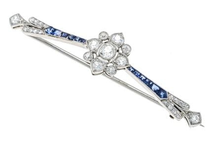 Altschliff-Diamant-Saphir-Brosche Platin und WG, b