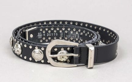 Versace, cintura, pelle nera, ricca decorazione co