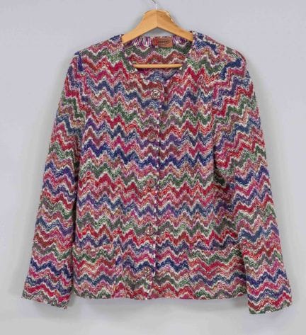 Missoni，多色印花针织夹克，羊毛马海毛混纺面料，圆领无领设计，带垫肩，小贴袋，纽扣，尺码44，