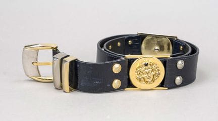 Versace, cintura pesante, pelle nera con effetto r