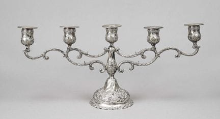 Candelabro a cinque bracci, tedesco, XX secolo, n.