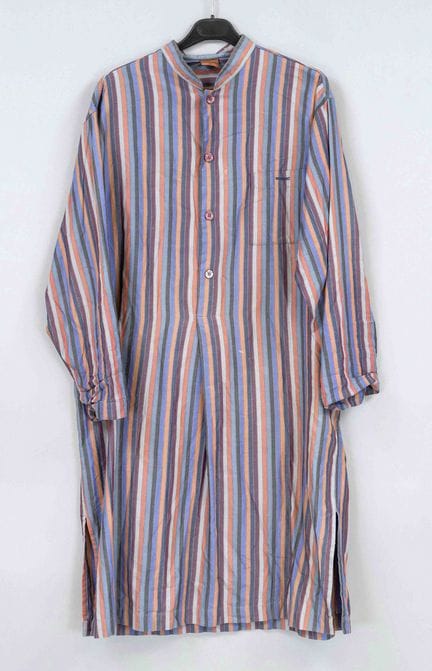 Missoni，多色条纹长衫/长衬衫，未标注材质成分（标签已被剪下或因洗涤而褪色），小立领，半排纽扣