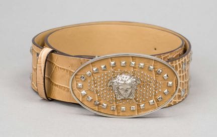 Versace, cintura larga, in pelle color caramello c