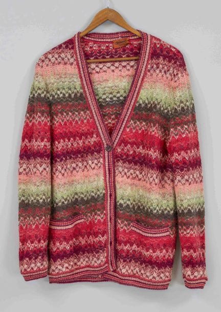 Missoni，多色印花针织大衣，羊毛马海毛混纺面料，V领，纽扣，口袋，尺码46，有轻微的使用和存放