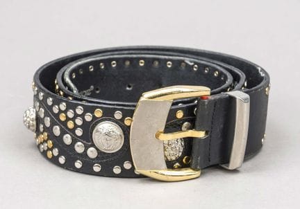 Versace, cintura larga, in pelle nera, parzialment