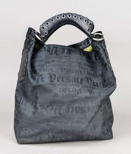 Versace, borsa shopping grande in tela nera ricama