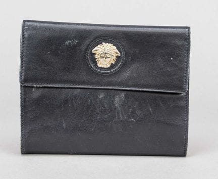 Versace, grande portafoglio vintage, pelle nera fi