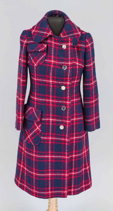 Bromleigh New York，60年代风格复古短款大衣，深蓝色厚实粗格纹面料， 红色和白色，