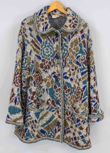 Missoni Sport，厚重、多色印花针织大衣，羊毛混纺面料，圆领，纽扣，贴袋，宽松袖型，尺码M