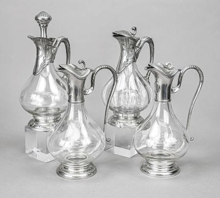 Quatre carafes à montures en étain, France, second