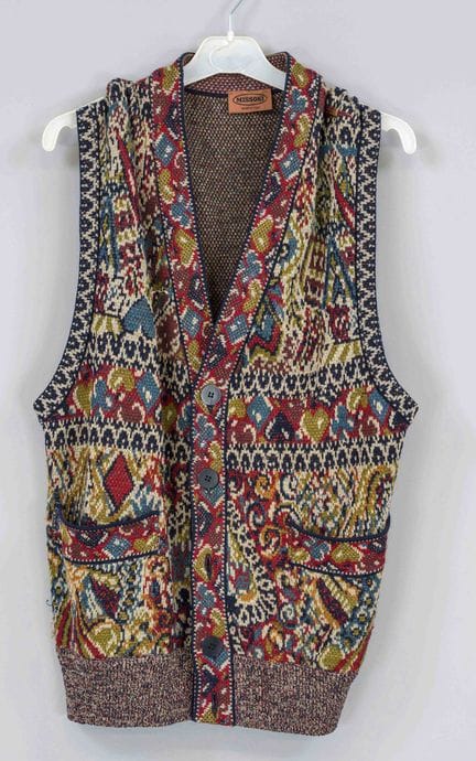 Missoni，多色印花针织背心，羊毛混纺面料，贴袋，纽扣，尺码54，有使用和仓储痕迹，部分线头脱落