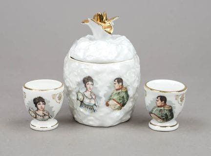 带盖罐及2个蛋杯，Porcelaine de Luxe，法国，20世纪，拿破仑主题石版画装饰，蛋杯高