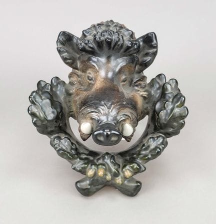 野猪头壁饰，20世纪，陶瓷，彩绘，完好，高36厘米
