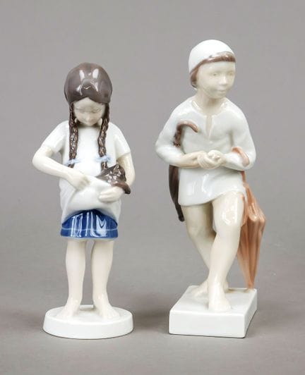 睡神与抱着猫的女孩，B&amp;G 哥本哈根，约1950年，一战时期，精致的釉下彩绘，高17和19厘