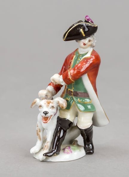 带着猎犬的猎人，迈森，1973年后出品，第一版，埃德尔设计，约1755年。型号63034，彩绘并饰以