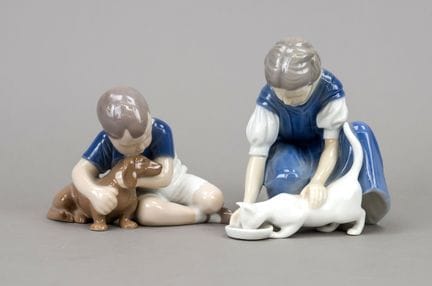 抱着猫的女孩和抱着腊肠犬的男孩，B&amp;G 哥本哈根，20世纪，第一和第二世界大战期间，设计：英