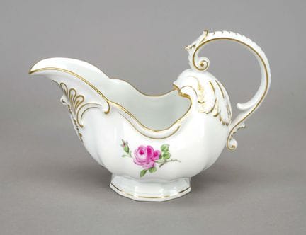 华丽的酱汁碗，迈森，1934年后生产的，第二代，饰有“红玫瑰”图案，饰边镀金，长23厘米
