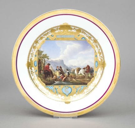 装饰盘，迈森，19世纪初，第一代，盘面根据菲利普·沃韦尔曼（Philip Wouwermann，16