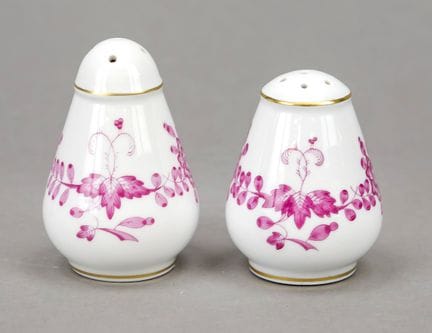 盐罐和胡椒罐，迈森，1934年后出品，第一流，印度紫釉配镀金装饰，高6和7厘米