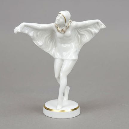 女舞者，胡岑罗伊特，1920至1930年代，卡尔·图特设计，身着羽毛装的年轻女子，双臂向两侧伸展， 