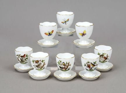 8个蛋杯，赫伦德（Herend），20世纪，彩绘鸟类与昆虫图案，高6厘米