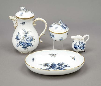 4件套，迈森，1815年后印记，第一和第二代，包括：壶（高21厘米）、碗（直径24厘米）、糖罐和奶罐