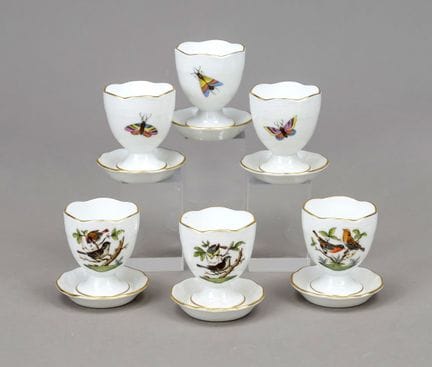 6个蛋杯，赫伦德（Herend）品牌，20世纪，彩绘鸟类与昆虫图案，高6厘米