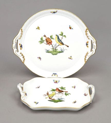 2只带手柄的碗，赫伦德（Herend）品牌，20世纪，罗斯柴尔德（Rothschild）纹样，彩绘鸟