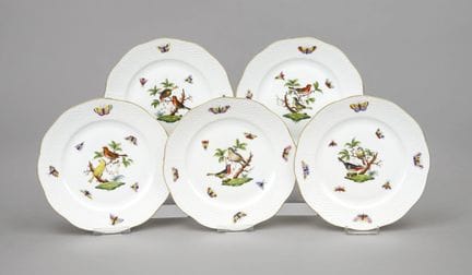 5只平盘套装，赫伦德（Herend），20世纪，罗斯柴尔德（Rothschild）纹样，彩绘鸟类与昆