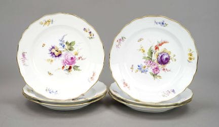 六只餐盘，迈森，克瑙夫施韦特（1850-1924），第一版，新剪影款式，精美的多色花卉与昆虫彩绘，金