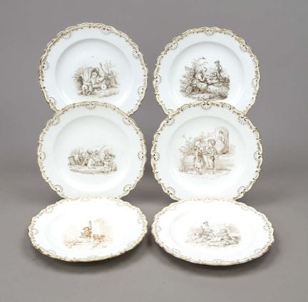 6只图案盘，迈森，1815-1924年标记，第二批，釉上彩饰，饰有华丽的金边，直径约22厘米
