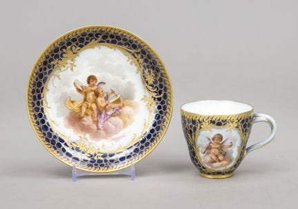 莫卡装饰咖啡杯，带底标，柏林皇家瓷器厂（KPM Berlin），1945年前出品，一战时期，红色帝国