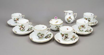 6人份咖啡套装，赫伦德（Herend），20世纪，彩绘鸟类与昆虫图案，配金边，包括6只带碟的咖啡杯（