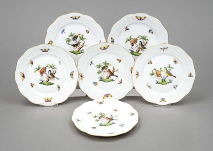 一套6只浅盘，赫伦德（Herend），20世纪，罗斯柴尔德（Rothschild）纹样，彩绘鸟类与昆