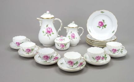 21件套残套餐具，迈森，1934年后生产，二等品，款式“新剪影”，装饰图案“红玫瑰”，金边，咖啡壶，