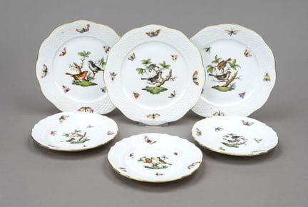 6只盘子，赫伦德（Herend），20世纪，罗斯柴尔德（Rothschild）纹样，彩绘鸟类与昆虫图